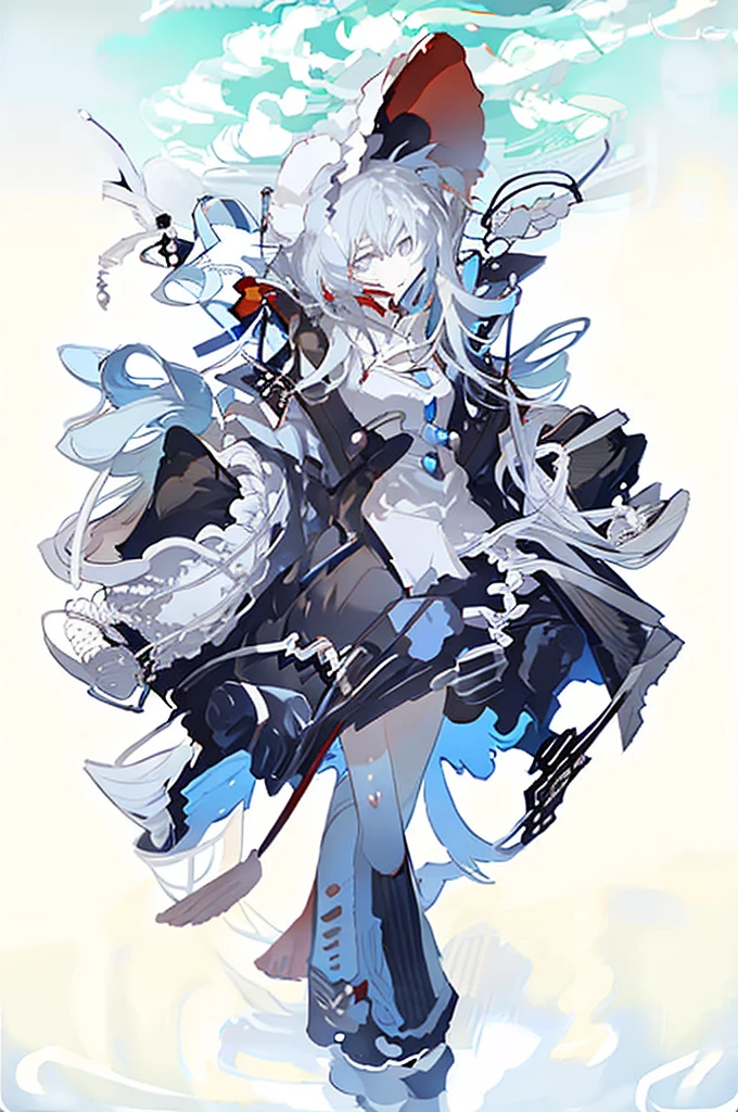 A girl，（Standing picture），（whole body），Character Design，Fashion Design，Complex headdress，Complex clothes，little Red Riding Hood，cute，bone，fish