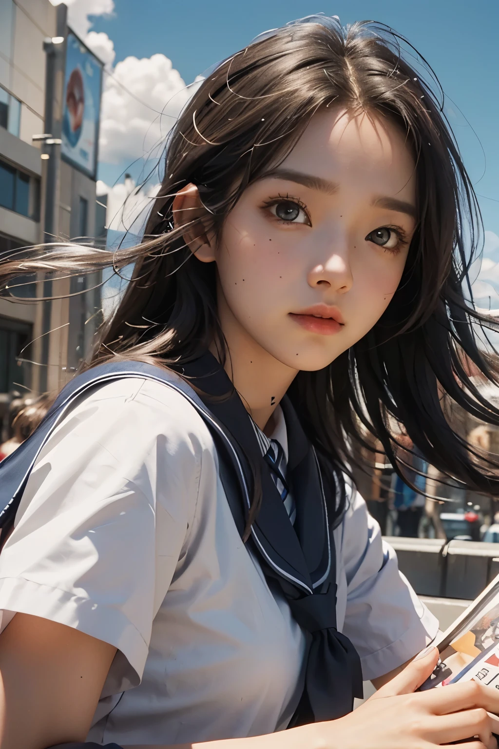 Close-up of poster of a person flying in the sky, movie promotional image, movie poster, Animated Poster Movie Still Portrait, (school uniform),Official Poster, Promotional poster, very - high - budget 영화, The girl is running,