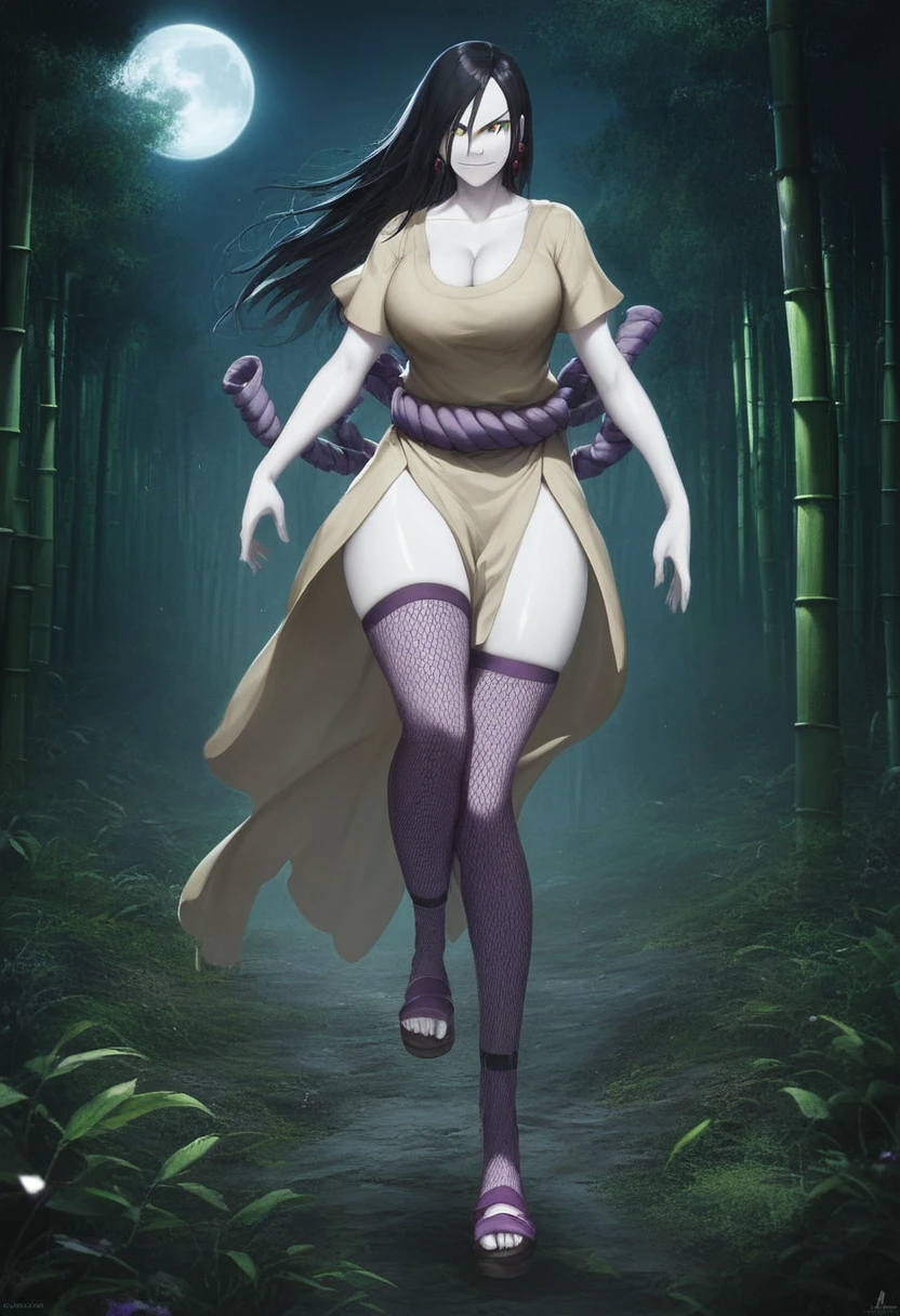 score_9, score_8_up, score_7_up, 8k, very detailed, high detailed texture, depth of field, Very detailed, Latest, Vibrant, Ultra-high resolution, High Contrast, masterpiece:1.2, highest quality, Best aesthetics), Beautiful female orochimaru, looking at viewer, oroch1maru, 1girl, source_pony, yellow eyes, slit pupils, black hair, long hair, purple eyeliner, hair over one eye, (pale skin:1.3), tan tunic, purple rope belt, sandals, earrings, solo, volumetric lightning, outdoors, bamboo forest, dark forest, night, moon, evil smug, 1girl, shiny skin, oiled skin, big breasts, cleavage, beautiful face, cleavage, wide hips, thic thighs, juicy ass, datailed legs, side cutoff, straps, net stockings, purple stockings, strong wind, garter,