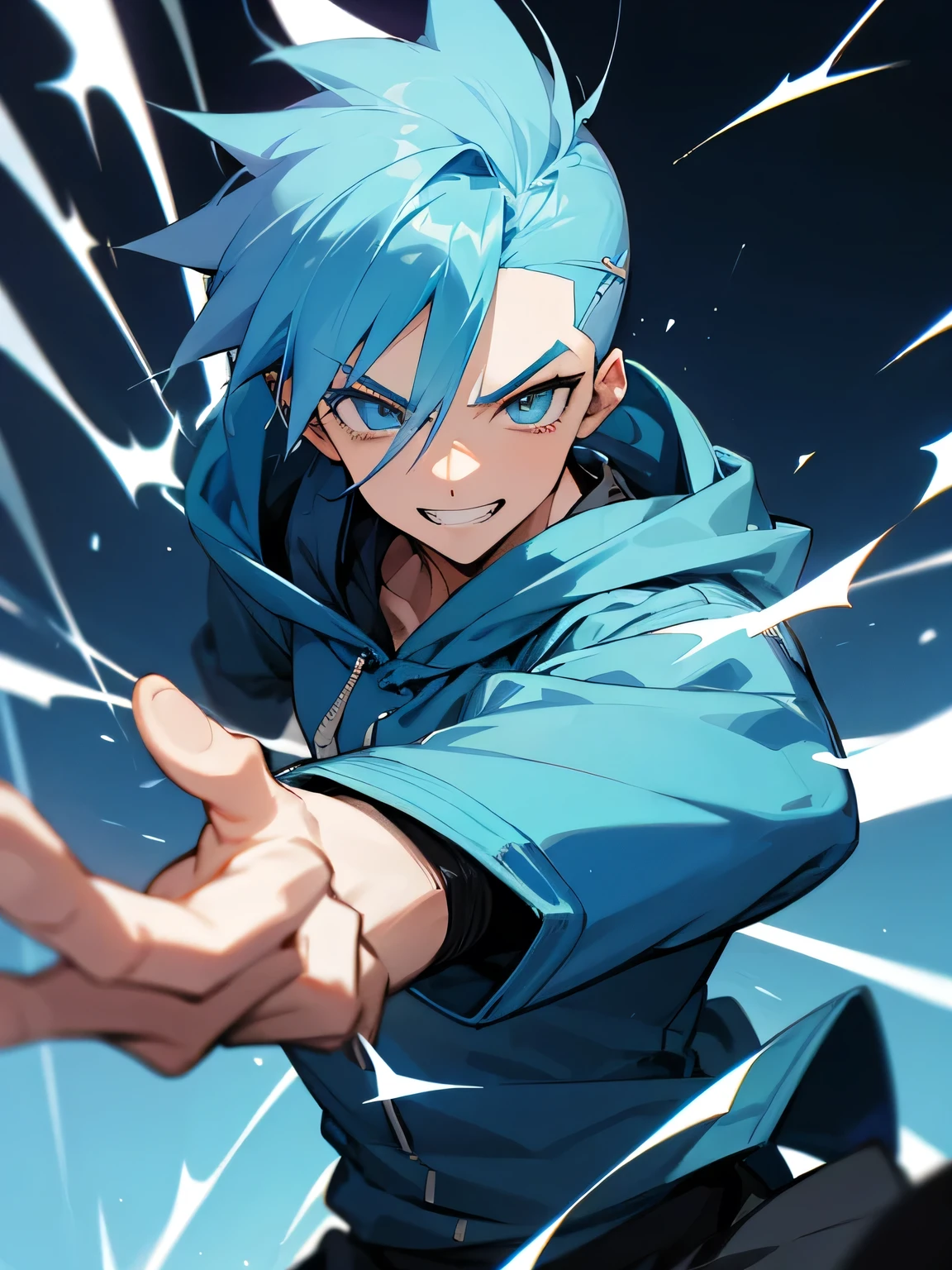 (chibi),solo, upperbody, lite blue hair, sideshaved, spiky hair, male eyes, handsome face, blue hoodie, dance action, mysterious gradation,slim body, grin,