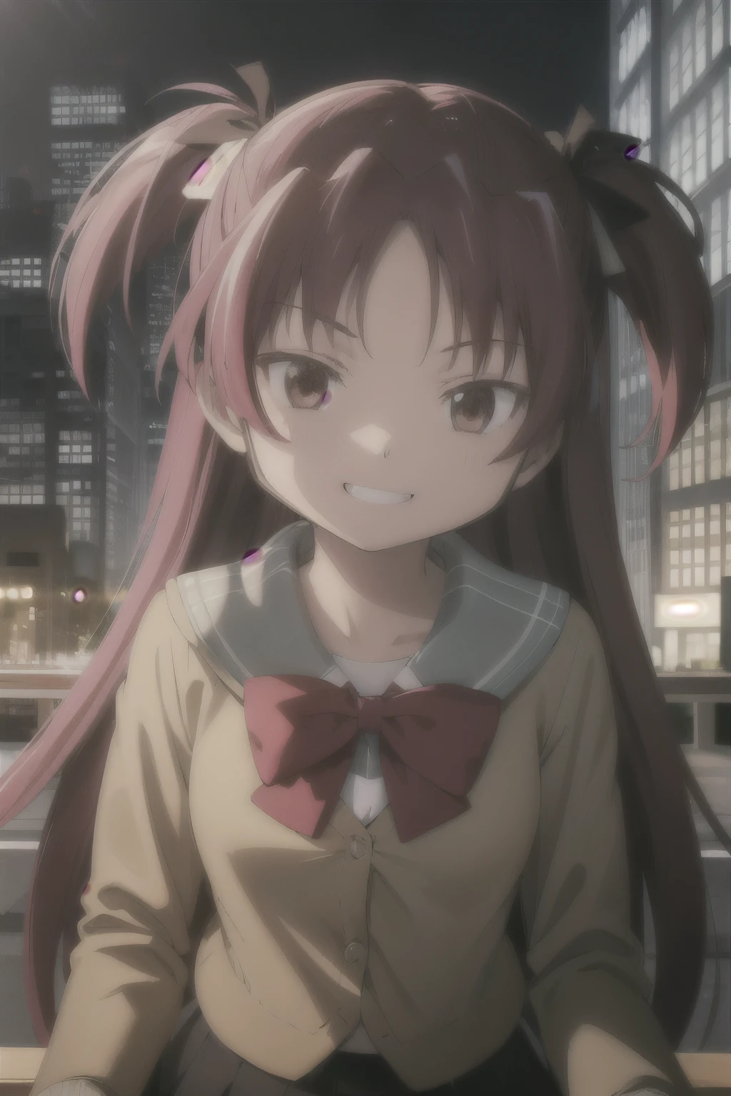 aaikuyo, long hair, one side up, , sailor collar, red bowtie, (brown shirt:1.2), ons, long sleeves, pleated skirt, black skirt, A city scape, face of happiness, smile mouth