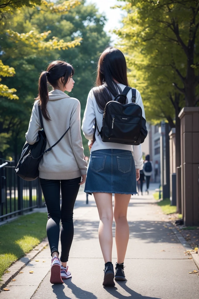 a young woman with her back turned walking through a university campus while other young people with angry expressions look at her with judgmental looks and curse her