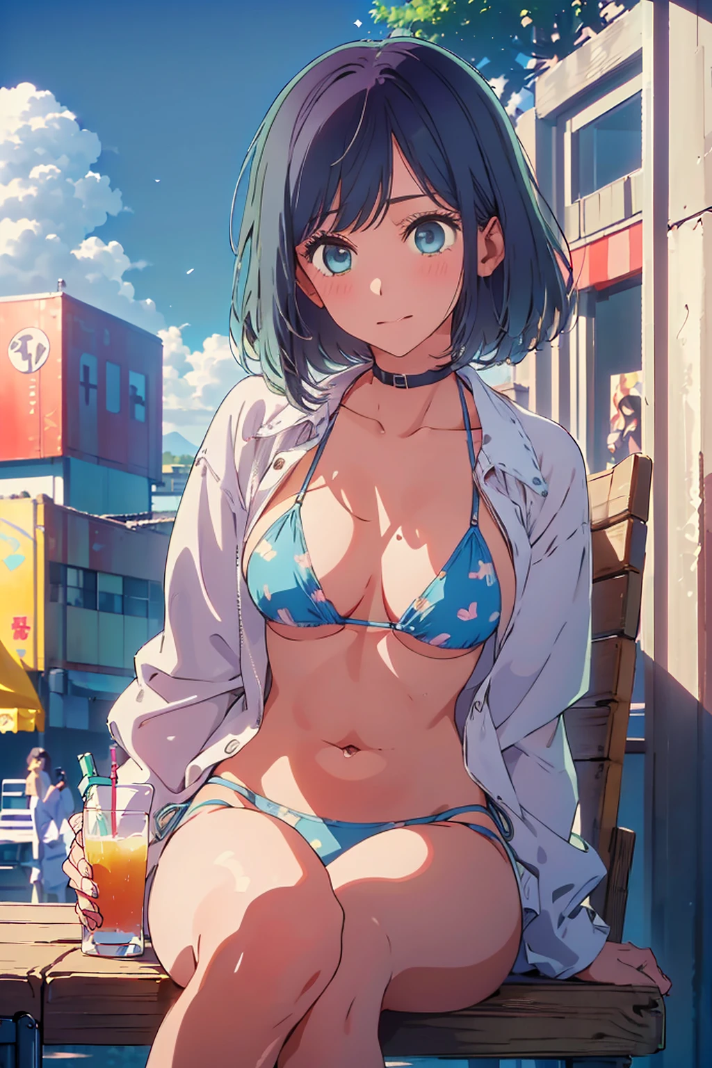 (Highest quality:1.4、masterpiece:1.4、Super detailed:1.4、8K:1.4)、F cup bust、Big Breasts、Slim body、((((1 person、Surprised expression、sit、Chair、In the background are the urban buildings of Tokyo、looking at the camera、Outdoor café terrace、coastal、Navy hair color、juice、table、Very cute face))))、(Pose of putting hair behind ears with hands:1.4、Cheek resting on hand:1.4）、((nude、Areola、bikini、Jacket))、Very blue sky、A completely cloudless sky、Big eyes、((((Shallow depth of field))))、Pink Lips