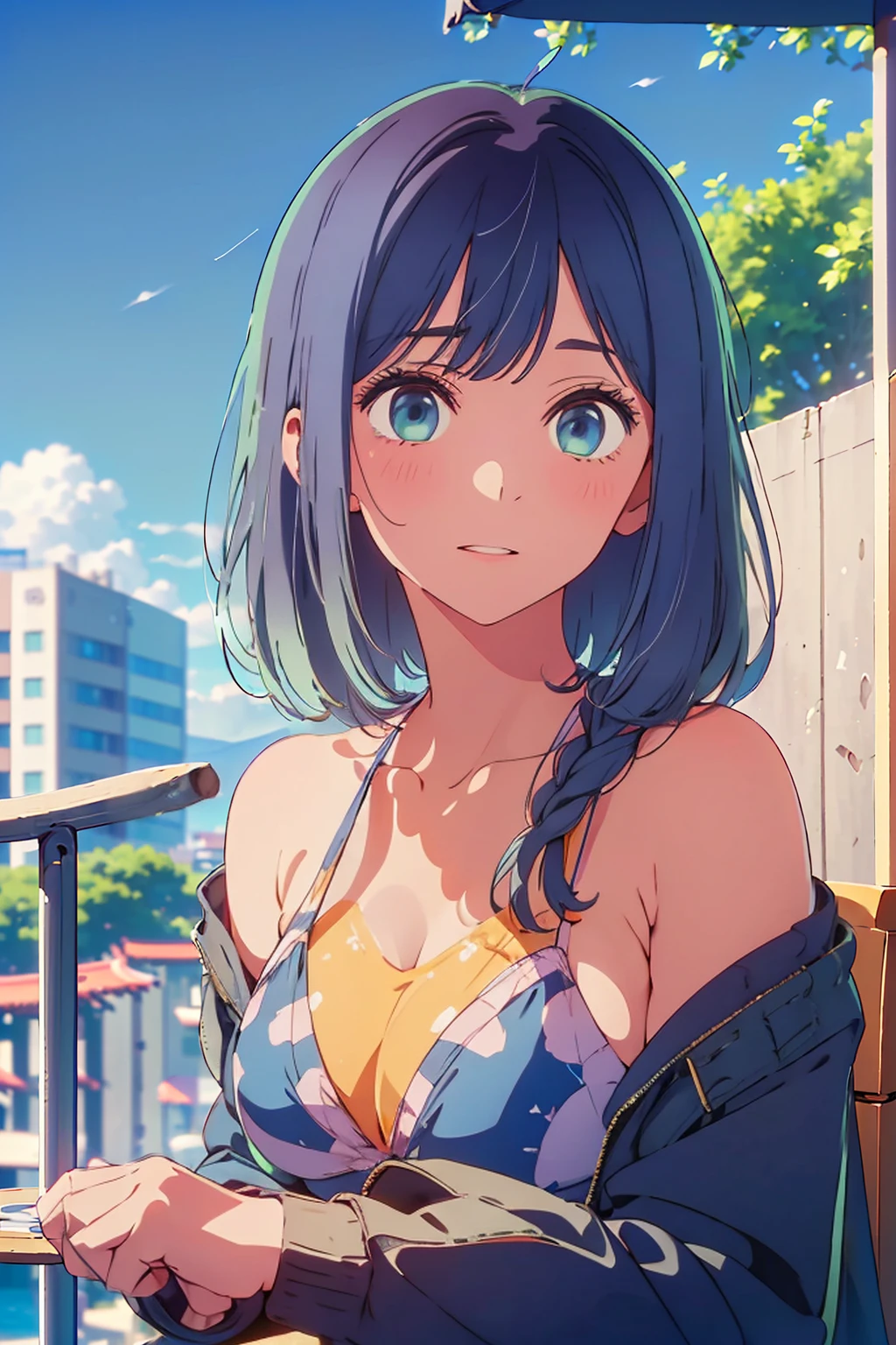 (Highest quality:1.4、masterpiece:1.4、Super detailed:1.4、8K:1.4)、F cup bust、Big Breasts、Slim body、((((1 person、Surprised expression、sit、Chair、In the background are the urban buildings of Tokyo、looking at the camera、Outdoor café terrace、coastal、Navy hair color、juice、table、Very cute face))))、(Pose of putting hair behind ears with hands:1.4、Cheek resting on hand:1.4)、((nude、Areola、bikini、Jacket))、Very blue sky、A completely cloudless sky、Big eyes、((((Shallow depth of field))))、Pink Lips