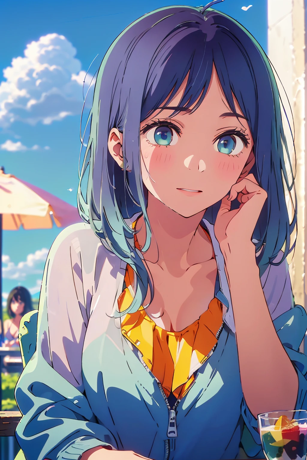 (Highest quality:1.4、masterpiece:1.4、Super detailed:1.4、8K:1.4)、F cup bust、Big Breasts、Slim body、((((1 person、Surprised expression、sit、Chair、In the background are the urban buildings of Tokyo、looking at the camera、Outdoor café terrace、coastal、Navy hair color、juice、table、Very cute face))))、(Pose of putting hair behind ears with hands:1.4、Cheek resting on hand:1.4）、((nude、Areola、bikini、Jacket))、Very blue sky、A completely cloudless sky、Big eyes、((((Shallow depth of field))))、Pink Lips