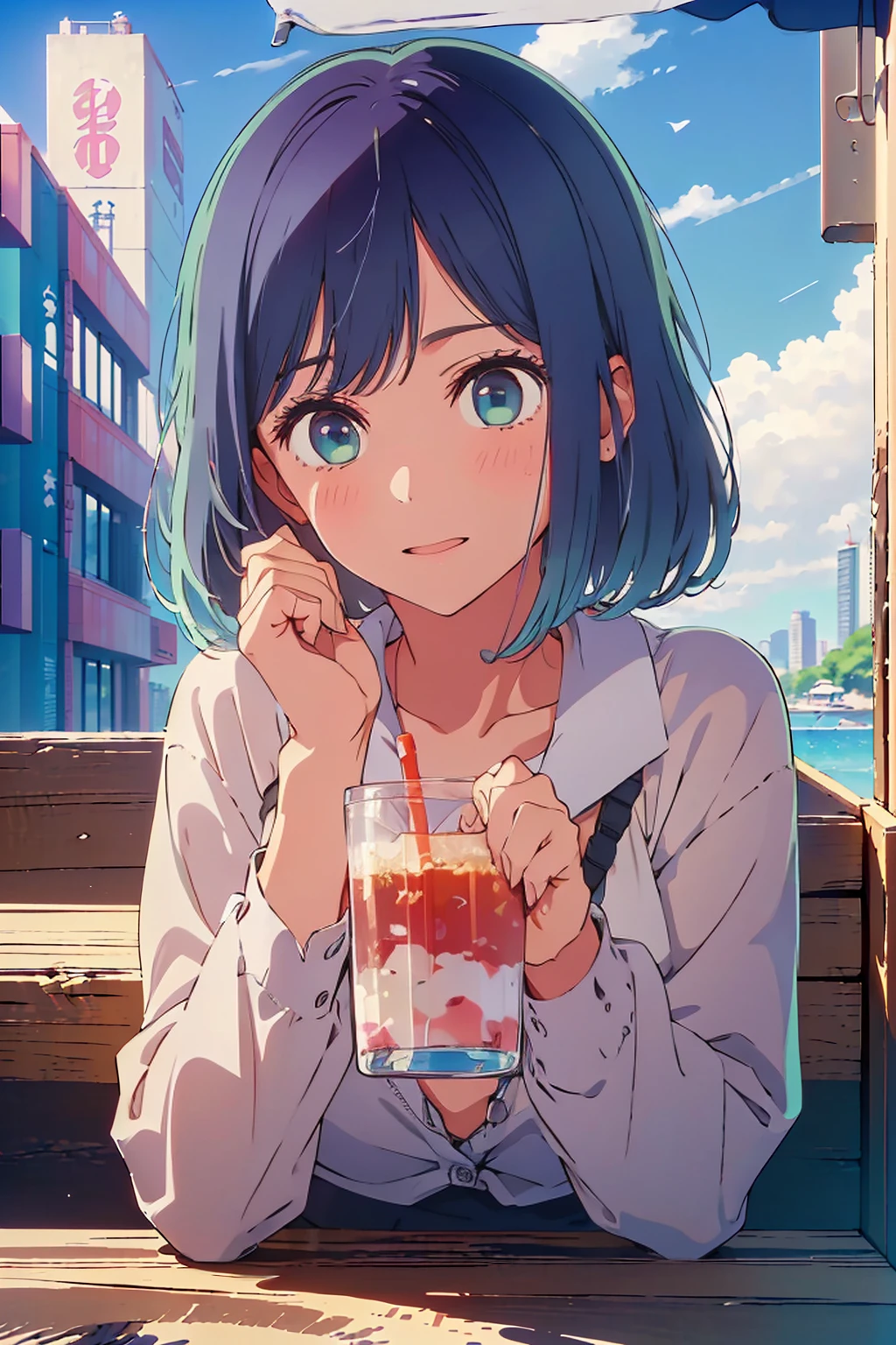 (Highest quality:1.4、masterpiece:1.4、Super detailed:1.4、8K:1.4)、F cup bust、Big Breasts、Slim body、((((1 person、Surprised expression、sit、Chair、In the background are the urban buildings of Tokyo、looking at the camera、Outdoor café terrace、coastal、Navy hair color、juice、table、Very cute face))))、(Pose of putting hair behind ears with hands:1.4、Cheek resting on hand:1.4）、((nude、Areola、bikini、Jacket))、Very blue sky、A completely cloudless sky、Big eyes、((((Shallow depth of field))))、Pink Lips