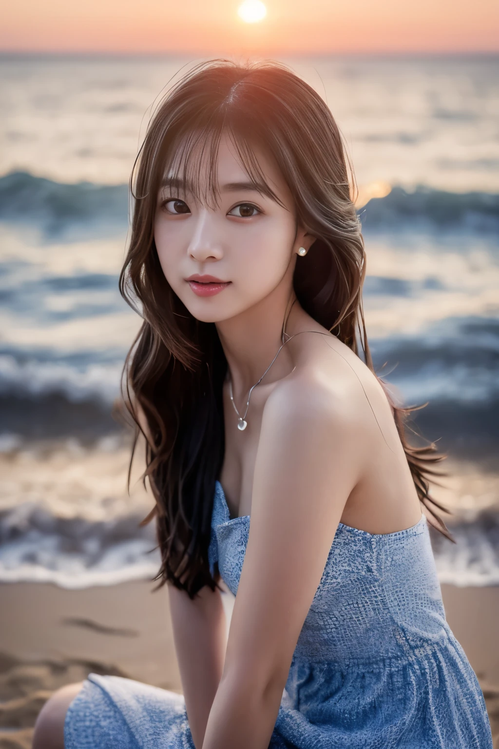 Create a high-quality, hyper-realistic portrait of a very beautiful Japanese idol. She is wearing a clean white summer dress and is squatting on the beach during sunset at sea. The deep indigo of the night sky contrasts with the last vestiges of crimson near the horizon, with swaying waves in the background. The girl has semi-long hair and a slender body with small breasts. The photo should capture her with detailed eyes, a detailed face, and a beautiful, sophisticated nose. The image should have a realistic, delicate, and finely detailed quality, suitable for a fashion magazine cover. Use cinema lighting and soft light to enhance her features. Ensure the photo is of the highest quality, with a resolution of 8K, making it perfect for a 2K wallpaper.