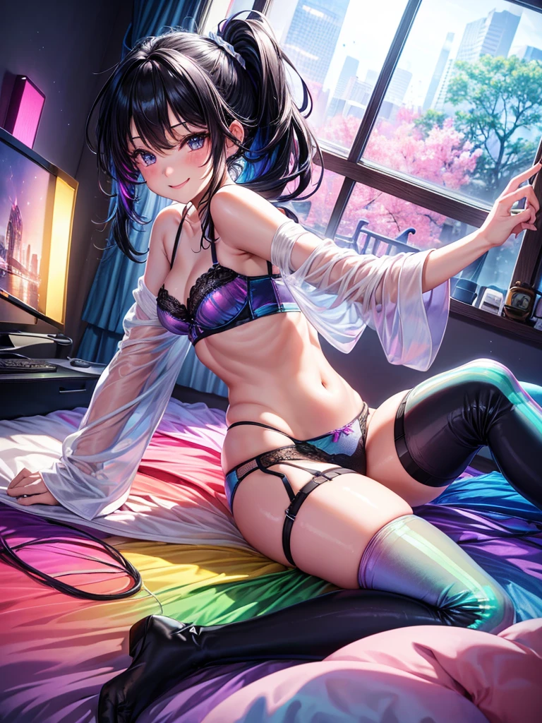 Highest quality,Highest Resolution,4K quality,Underwear looking at city night view outside large window in modern bedroom((Rainbow Gradient色))のsmileの1Profile of a woman,((Black hair ponytail)),Dark room,Rainbow Gradientセクシーランジェリー,Many water drops on the window,garter belt,High leg,((Iridescent underwear))Knee-high stockings,smile,Landscape,Colorful eyeballs,Small bra{((Underwear color))Rainbow Gradient,