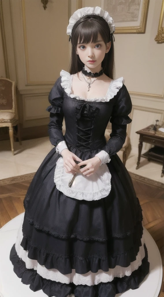 (((Masterpiece))), (((top quality))), (((top image quality))), (((ultra-realistic depiction))), (((Alice in Wonderland in Gothic Lolita fashion))), (((diorama worldview))), chasing a rabbit wearing a silk hat and holding a pocket watch.