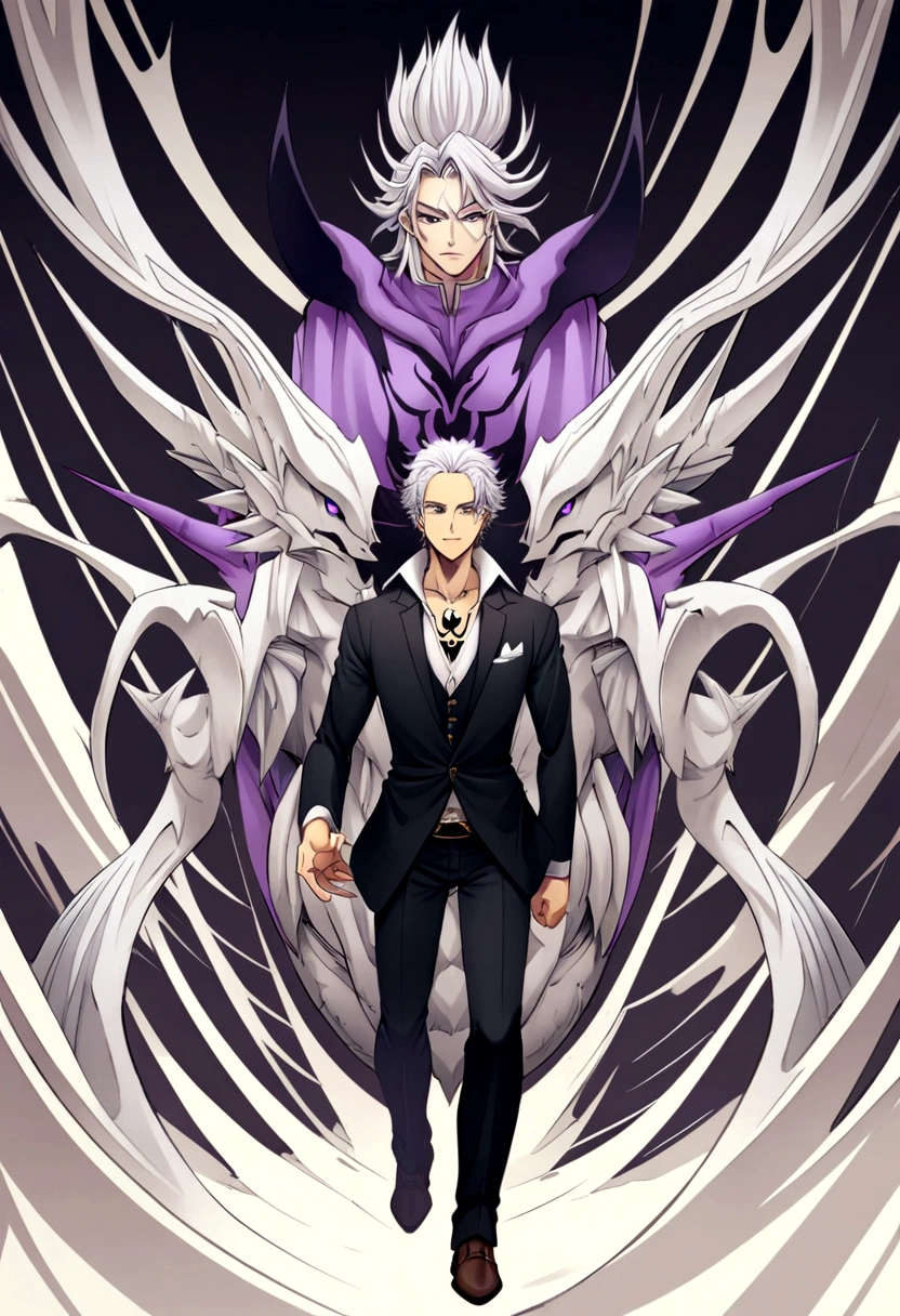 *one-piece anime style, male, white hair, purple eyes, short hair, handsome, pirate captain, on neck-black-tattoo-rose-and-dragon form, suit, freedom lmage, noble image, dark power, calm round hair stlye*