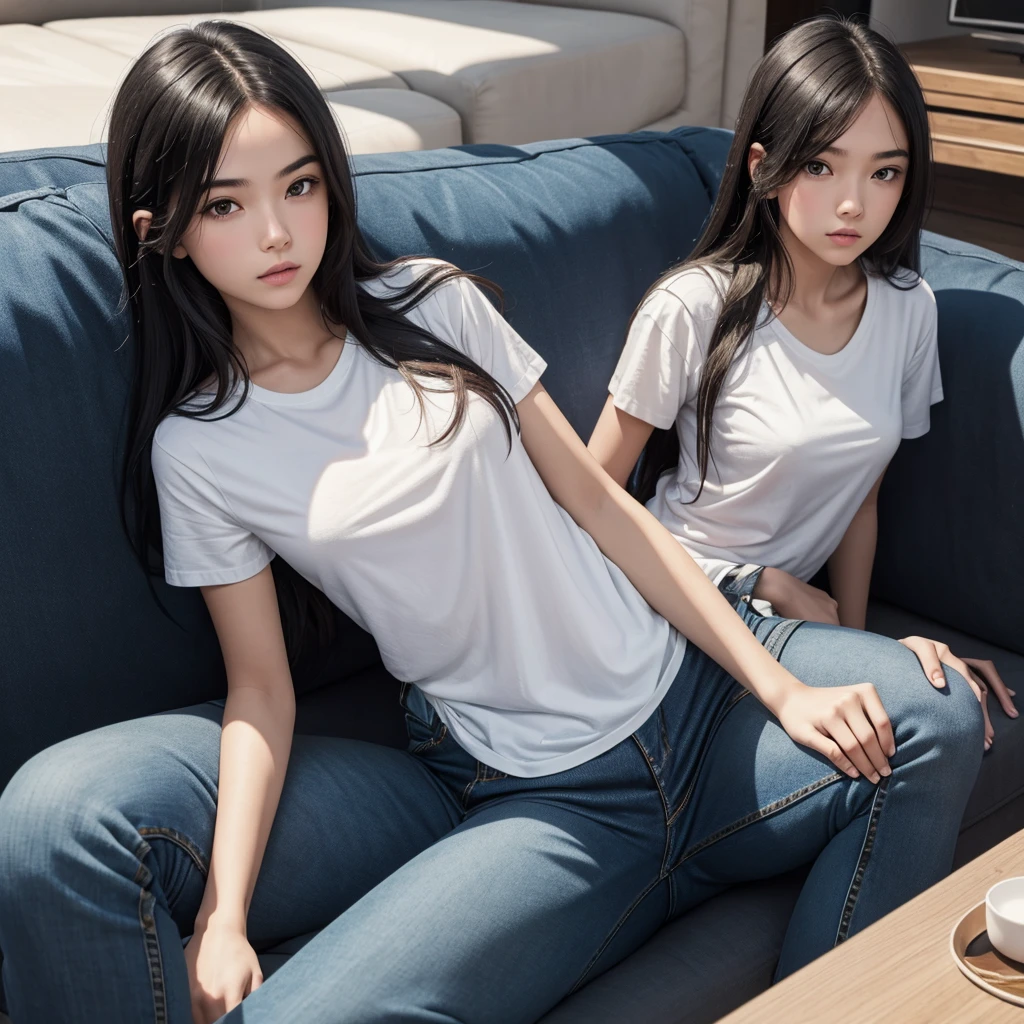 1girl,solo,best quality, masterpiece, 8k,raw photo, photo (object), extremely detailed, raw,realistic,sitting, looking at viewer,jeans,white t-shirt,long hair,black hair, couch,