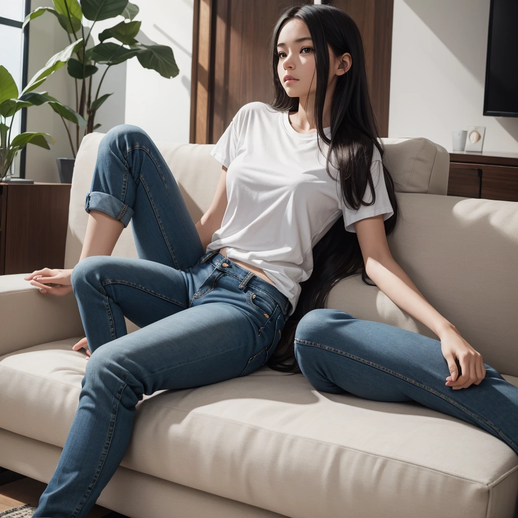 1girl,solo,best quality, masterpiece, 8k,raw photo, photo (object), extremely detailed, raw,realistic,sitting, looking at viewer,jeans,white t-shirt,long hair,black hair, couch,