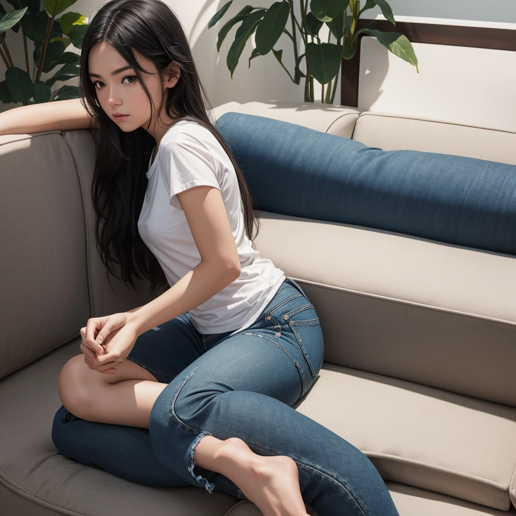 1girl,solo,best quality, masterpiece, 8k,raw photo, photo (object), extremely detailed, raw,realistic,sitting, looking at viewer,jeans,white t-shirt,long hair,black hair, couch,