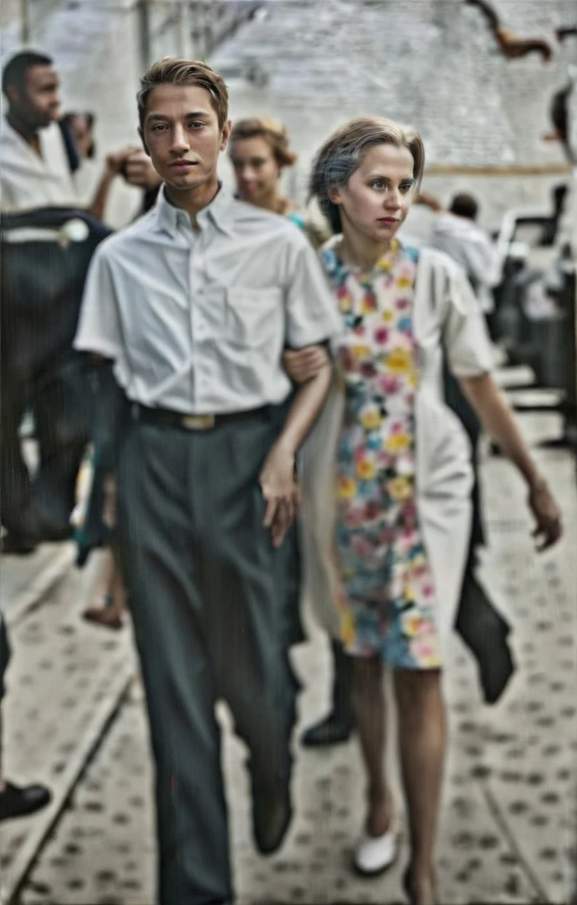 This image depicts a group of people walking on a street, with a focus on a man and woman who are walking closely together.