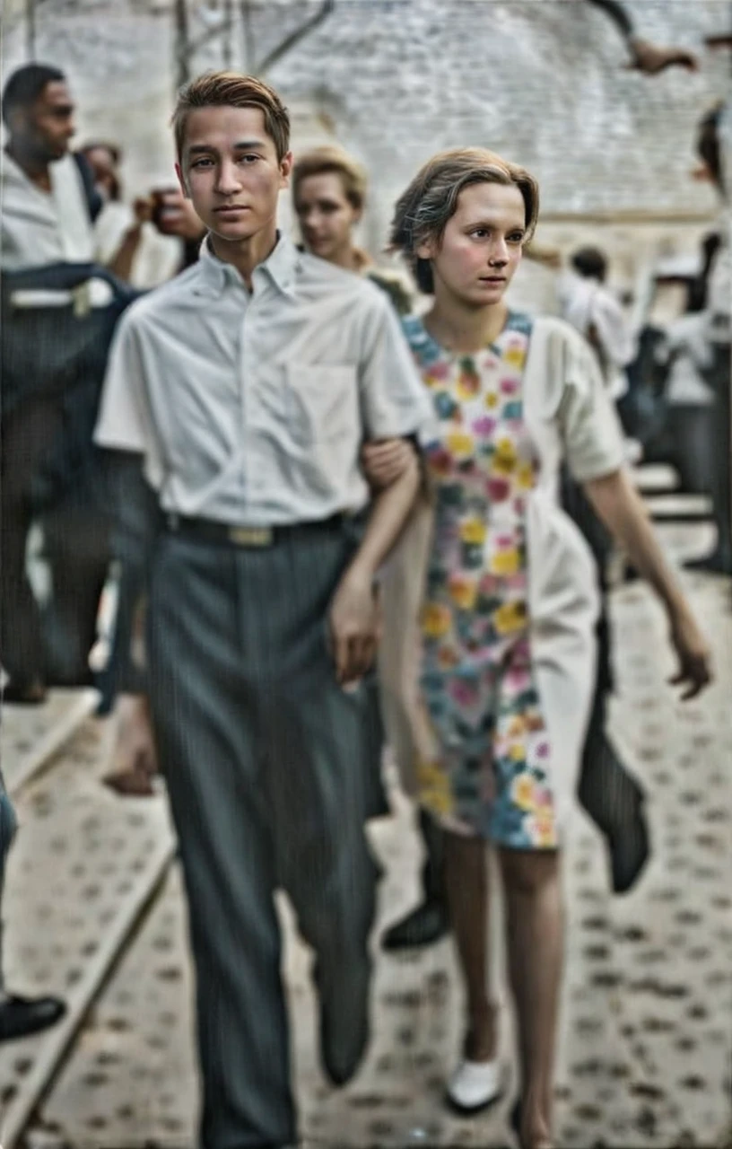 This image depicts a group of people walking on a street, with a focus on a man and woman who are walking closely together.