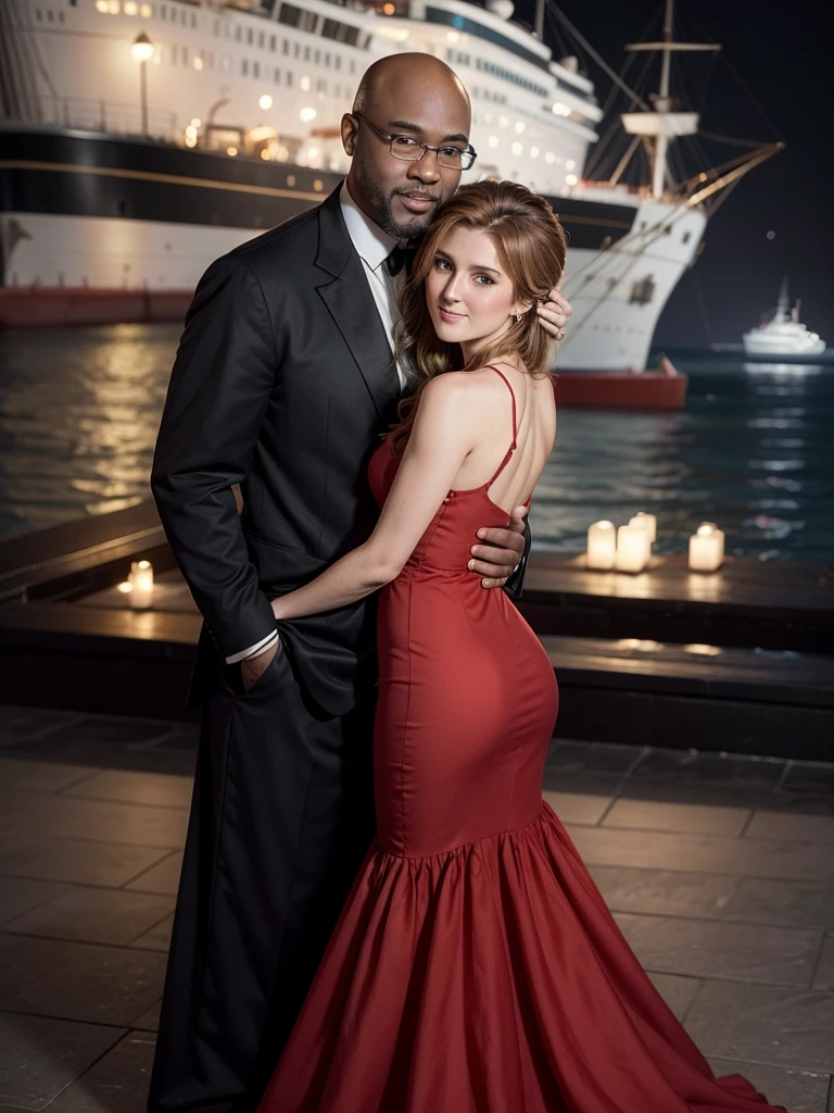 hyper realistic image of Celine Dion(younger in 1997) standing, with the Titanic ship passing behind her, she is posing smiling for the camera, wearing a red dress of the time, she is together with a black man, dark skinned, fat, bald , wears a black beard, big head, wears square prescription glasses that he is hugging her from behind, holding her waist and dressed like Jack, seen from the front, full body, in the year 1912, photograph with an old period look