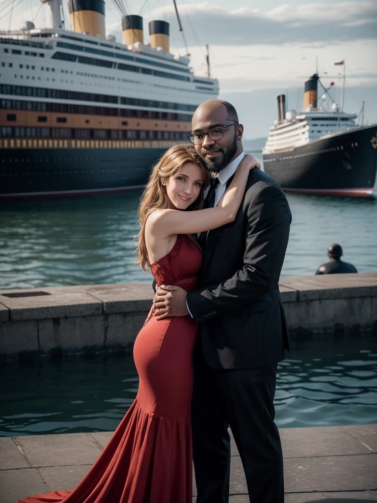hyper realistic image of Celine Dion(younger in 1997) standing, with the Titanic ship passing behind her, she is posing smiling for the camera, wearing a red dress of the time, she is together with a black man, dark skinned, fat, bald , wears a black beard, big head, wears square prescription glasses that he is hugging her from behind, holding her waist and dressed like Jack, seen from the front, full body, in the year 1912, photograph with an old period look