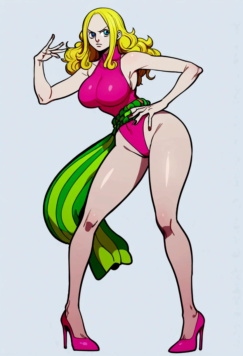 One piece,Anime one piece, 20-year-old man, knee-length blonde hair, pale skin color, light blue eyes, full body, wearing a leotard with heels, big legs, small waist, yellow violet pink and neon green colors ,attractive pose,one piece,style anine