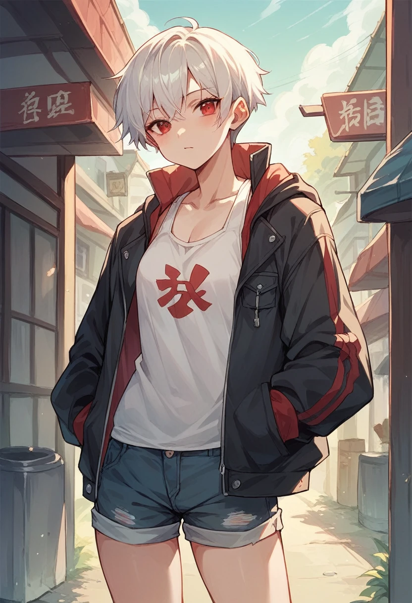 Japanese girl White short hair Red eyes Tank top Shorts Black jacket In town