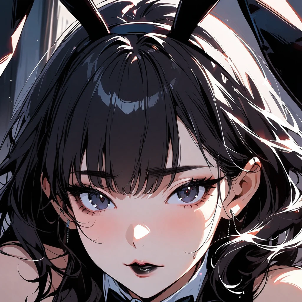 (high quality, 8k, 4K, high contrast, artwork:1.2, high quality, best aesthetics), (dynamic angle), ((1 woman)), erotic, sensual, mature body, super detailed, beautiful face detailed, beautiful eyes detailed, detailed beautiful mouth, sexy body, perfect breats, (long black wavy hair), (black eyes), (sexy expression), (penetrating gaze), (black lipstick), (black eyeliner), (black eyeshadow), (black sleeveless bodycon costume), (black sexy playboy bunny suit), (black bunny ears), (close-up), (focus on face), (centered), (looking at the viewer), (inside a bedroom)