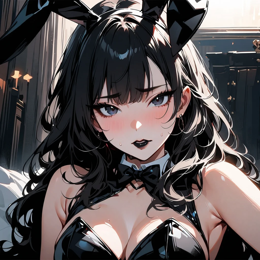 (high quality, 8k, 4K, high contrast, artwork:1.2, high quality, best aesthetics), (dynamic angle), ((1 woman)), , sensual, mature super detailed, beautiful face detailed, beautiful eyes detailed, detailed beautiful mouth, sexy body, pect breats, (long black wavy hair), (black eyes), (sexy expression(penetrating gaze), (black lipstick), (black eyeliner), (black eyeshadow), (black sleeveless bodycon costume), (black sexy playboy bunnyit), bunny ears), (close-up), (focus on face), (centered), (looking at the viewer), (inside a bedroom)