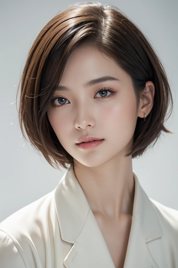 realistic light,natural light,white background,최고 quality、8 thousand、32,000、masterpiece、uhd:1.2) quality, primitive photorealism, laugh, Beautiful girl, cute, Short hair, depth of field, high resolution, ultra detail, Highly detailed eyes and face,small eyes,Short hair,short cut,short hair,Ivory Jacket