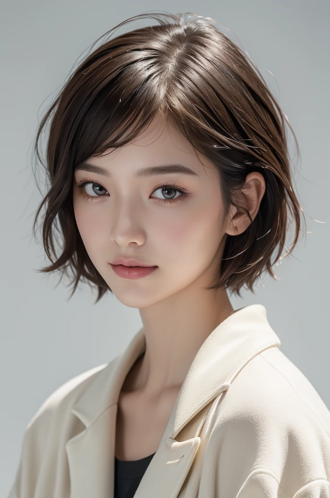 realistic light,natural light,white background,최고 quality、8 thousand、32,000、masterpiece、uhd:1.2) quality, primitive photorealism, laugh, Beautiful girl, cute, Short hair, depth of field, high resolution, ultra detail, Highly detailed eyes and face,small eyes,Short hair,short cut,short hair,Ivory Jacket