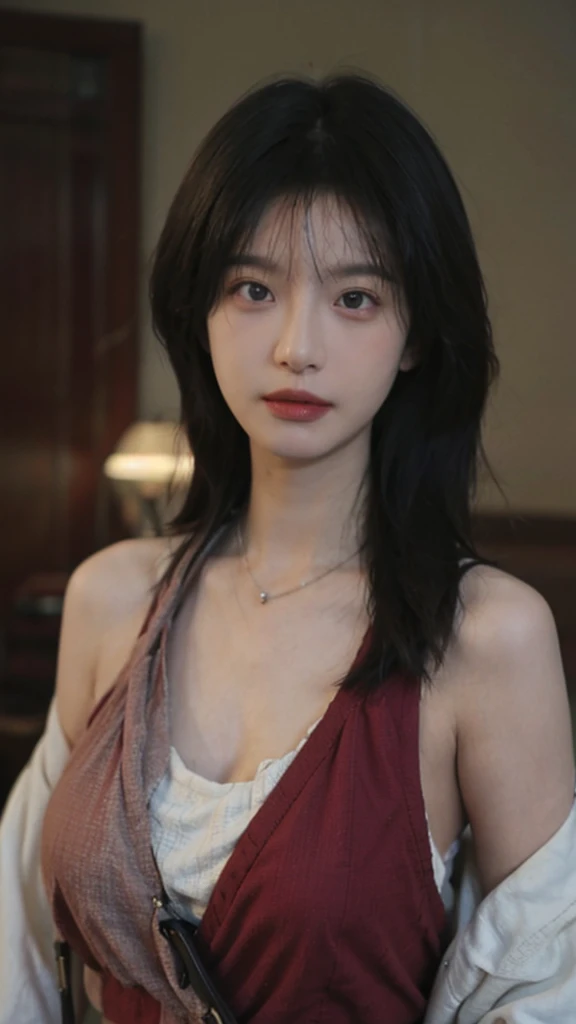 Film portrait photography, 2 girls, Bare shoulders,Lipstick，（flat chest：1.4）， Wear a necklace，Cute expression,Exquisite makeup，Red suspenders，serene, calm, (Realistic and detailed eyes, Natural skin texture, Realistic facial details), Big breasts：1.6，Big Breasts，Soft dramatic lighting, Depth of Field, Bokeh, Vibrant details, Detailed and detailed, Surreal, 35mm film, hazy, ,