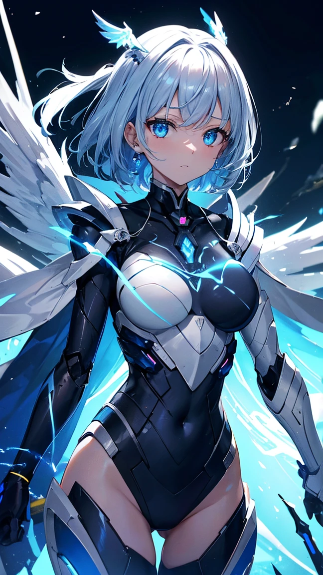 Night Sky, The blue and white metal reflects the bright moonlight，The joints on the body emit blue light，Under the armor covered with dried blood，The core of the mecha emits a faint humming sound，The wings are folded on the back and are in harmony with the body size.，Calf上的垂直尾翼还挂着怪物的肠子

　　The eyes on the head are connected as one line，Shooting out blue light，Two rows of sharp steel teeth emitting cold light are neatly combined into one piece.

　　Mecha&#39;s wrist，Calf，The belly and back are painted blue，The edge of the painting is a transition of rectangular color chips, Keep_arms, No_human nature, glow, Ninja, White and blue mechs，architecture, Science fiction, Urban, Reality Upper body straight in front glowing body glowing blue eyes Broad shoulders，Sci-fi shoulders--v6