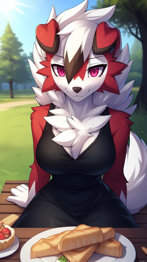 By zinfyu,by twistedscarlet60, uploaded on pixiv, by fluff-kevlar, (masterpiece), (best quality), (solo female:1.2), (extremely detailed:1.3),(detailed eye,black circle on eye,pink eye), lycanroc midnight, view on viewer, close view, shy face, half body on potrait, only body and head, close view, wearing black dress,at park ,food,sitting, picnic park table, picnic, (tail:1.1), closeup photo of lycanroc, adult body posture,