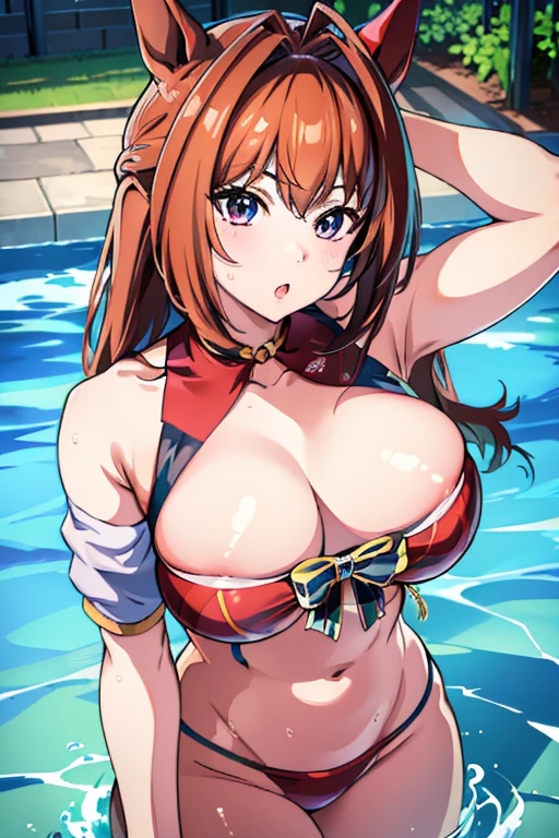 (masterpiece),(Highest quality:1.0), (Ultra-high resolution:1.0), Detailed illustrations, 8K, Pretty face, Swimwear、bikini、Pool、Big Breasts