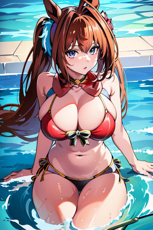 (masterpiece),(Highest quality:1.0), (Ultra-high resolution:1.0), Detailed illustrations, 8K, Pretty face, Swimwear、bikini、Pool、Big Breasts