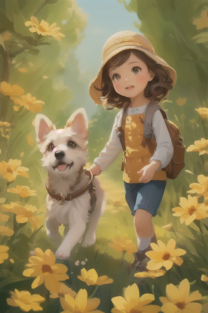 arafed image of a girl and a dog in a field of flowers, adorable digital painting, childrens art in artstation, cute detailed digital art, cute digital art, by Yang J, female explorer mini cute girl, kids book illustration, a beautiful artwork illustration, children book illustration, fanart, by Ni Duan, childrenbook illustration, realistic cute girl painting