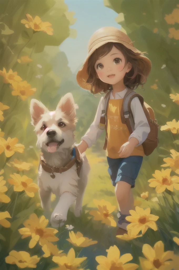 arafed image of a girl and a dog in a field of flowers, adorable digital painting, childrens art in artstation, cute detailed digital art, cute digital art, by Yang J, female explorer mini cute girl, kids book illustration, a beautiful artwork illustration, children book illustration, fanart, by Ni Duan, childrenbook illustration, realistic cute girl painting
