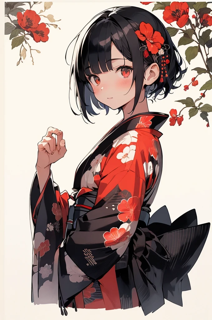 (Detailed and top quality illustrations:1.2), (pretty girl:1.0), (1 Girl, alone:1.0), (Black Short Hair:1.0), (Red kimono:1.0), (Upper Body:1.0), (Very detailed, High resolution, 4K:1.0),