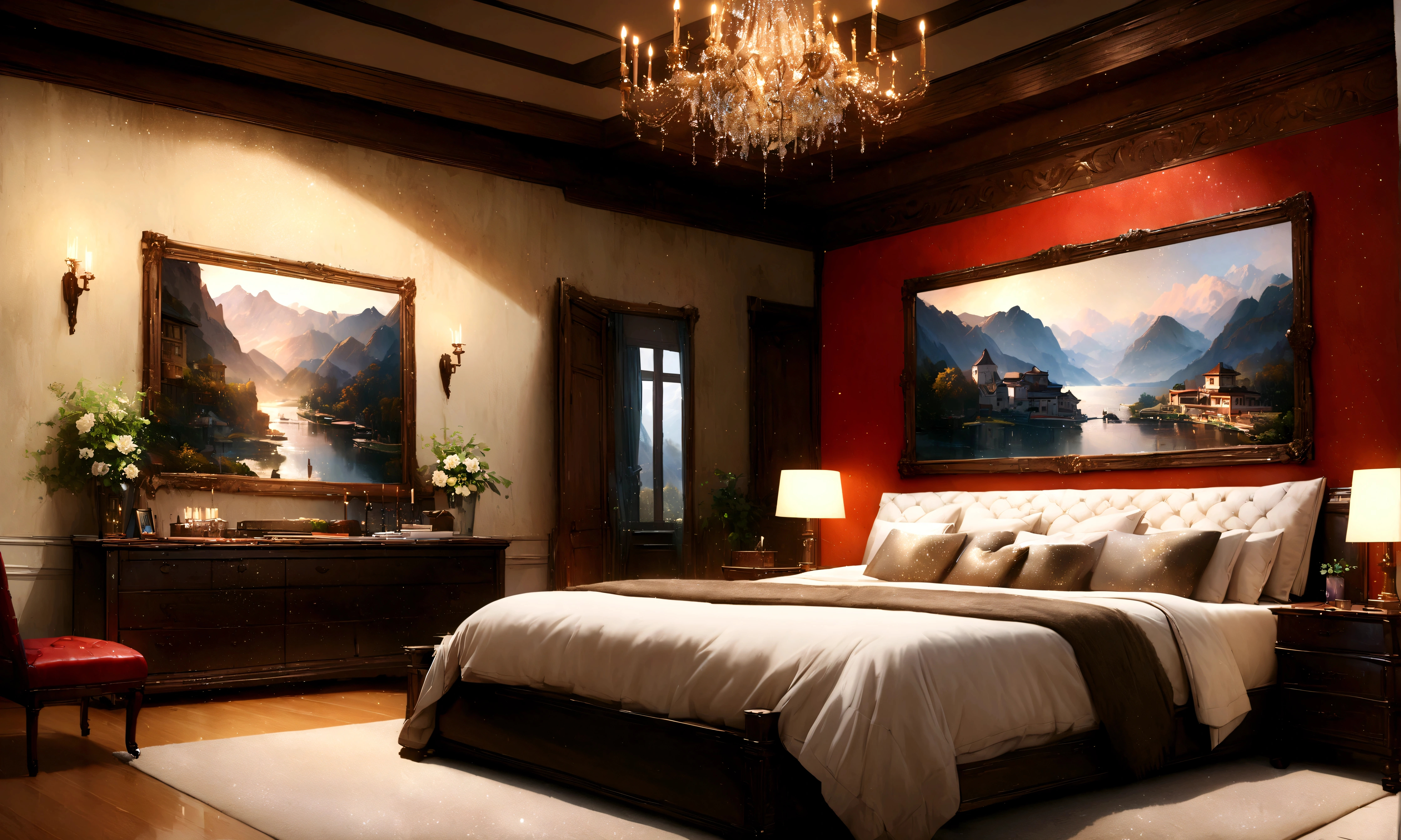 Large villa, Beautiful views,Inside the room,Blur the background,Glitter effect,Highest quality, 8K, High resolution, masterpiece:1.2, Very detailed, Realistic:1.37, High resolution, 超High resolution, Ultra-fine painting, Very detailed, Professional, Vibrant colors