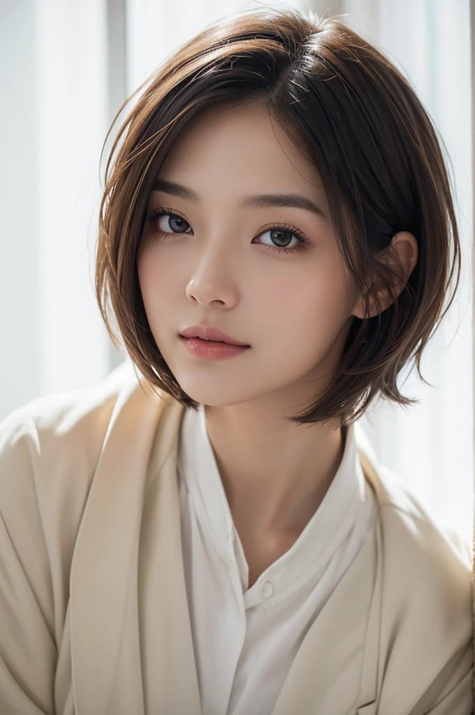 realistic light,natural light,white background,최고 quality、8 thousand、32,000、masterpiece、uhd:1.2) quality, primitive photorealism, laugh, Beautiful girl, cute, Short hair, depth of field, high resolution, ultra detail, Highly detailed eyes and face,small eyes,Short hair,short cut,short hair,Ivory Jacket