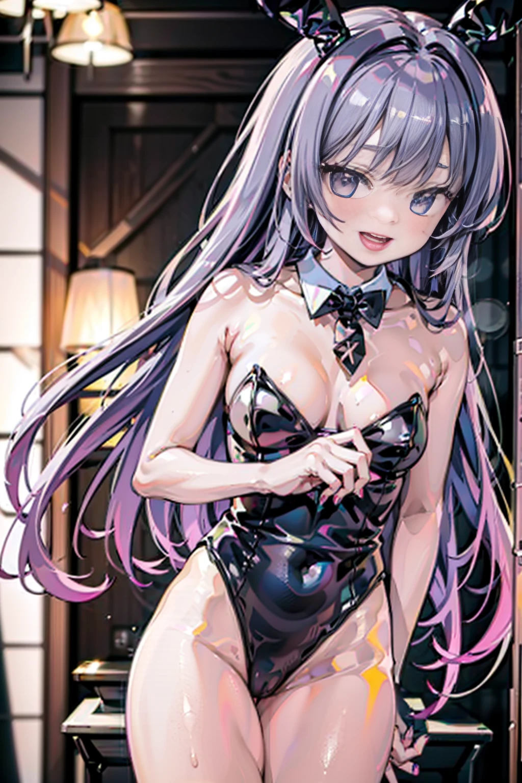 crotch,between legs ,smile,open mouth,pleasure,blush,embarrassed,(((low angle))),(best quality, 8k, masterpiece:1.2, nsfw,ultra-detailed,realistic,photorealistic,anime,Soft lighting,Bokeh), megurine_luka\(vocaloid\),1girl,Anime-like beautiful girl,silky smooth and very beautiful skin,very beautiful embarrassed face,Ordinary chest, 5headed body,Skinny type,Not muscular,5This refers to,Manicure is cherry colored, break, Perfectly beautiful figure,Height 162cm,Bust 87cm,Waist 56cm,Hip 85cm, blue eyes, girl, very long hair, purple eyes, long hair, solo, (bangs, pink hair, shining hair, light pink hair, ),official alternate costume, (((bunny leotard))), hair ornament, collarbone, (((casual leotard)), (((black frilled leotard:1.4))),(((ribbon_trimmed leotard,frilled leotard))).