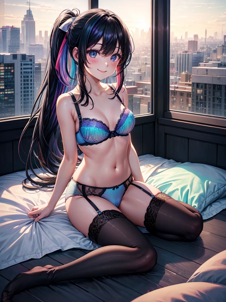 Highest quality,Highest Resolution,４K quality,Underwear looking at city night view outside large window in modern bedroom((Rainbow Gradient色))のsmileの１Profile of a woman,((Black hair ponytail)),Dark room,Rainbow Gradientセクシーランジェリー,Many water drops on the window,garter belt,High leg,((Iridescent underwear))Knee-high stockings,smile,Landscape,Colorful eyeballs,Small bra{((Underwear color))Rainbow Gradient,