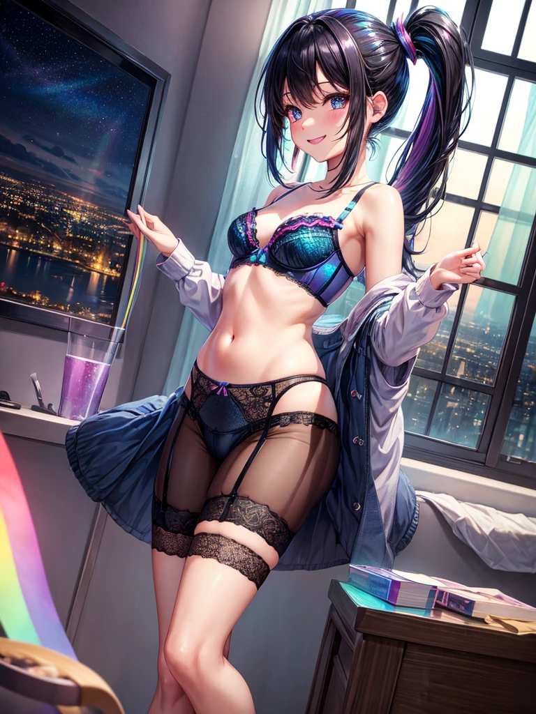 Highest quality,Highest Resolution,４K quality,Underwear looking at city night view outside large window in modern bedroom((Rainbow Gradient色))のsmileの１Profile of a woman,((Black hair ponytail)),Dark room,Rainbow Gradientセクシーランジェリー,Many water drops on the window,garter belt,High leg,((Iridescent underwear))Knee-high stockings,smile,Landscape,Colorful eyeballs,Small bra{((Underwear color))Rainbow Gradient,