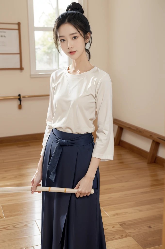 (((best quality))),(((ultra detailed))),(((masterpiece))),illustration,1girl,solo,tonogui,short ponytail,slim,thin,small breasts,flat chest,white collar,white kendogi,three-quarter sleeves,maxi navy-blue kendo hakama,slender legs,standing in kendo gym,(holding a bokuto:1.3),arms behind back,focused and determined expression,ready for challenge,slender and elegant face,confident and resilient,fair skin,blush,neat teeth,bright smile,clean and tidy uniform,wooden gym floor,wall,pine scent,standard grip,ready to slice through obstacles,strong belief,determination,spirit of resilience,admiring,from front,full body,bare feet