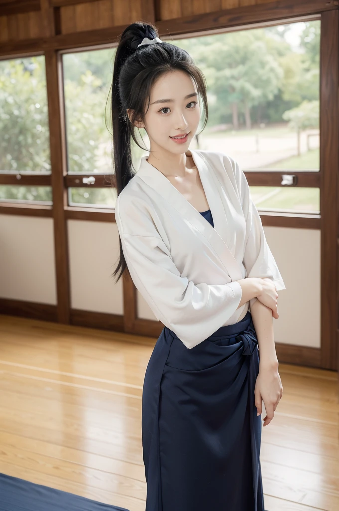 (((best quality))),(((ultra detailed))),(((masterpiece))),illustration,1girl,solo,tonogui,short ponytail,slim,thin,small breasts,flat chest,white collar,white kendogi,three-quarter sleeves,maxi navy-blue kendo hakama,slender legs,standing in kendo gym,(holding a bokuto:1.3),arms behind back,focused and determined expression,ready for challenge,slender and elegant face,confident and resilient,fair skin,blush,neat teeth,bright smile,clean and tidy uniform,wooden gym floor,wall,pine scent,standard grip,ready to slice through obstacles,strong belief,determination,spirit of resilience,admiring,from front,full body,bare feet