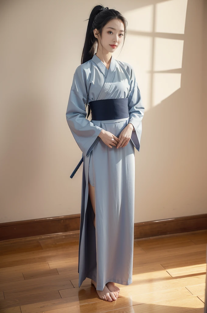 (((best quality))),(((ultra detailed))),(((masterpiece))),illustration,1girl,solo,tonogui,short ponytail,slim,thin,small breasts,flat chest,white collar,white kendogi,three-quarter sleeves,maxi navy-blue kendo hakama,slender legs,standing in kendo gym,(holding a bokuto:1.3),arms behind back,focused and determined expression,ready for challenge,slender and elegant face,confident and resilient,fair skin,blush,neat teeth,bright smile,clean and tidy uniform,wooden gym floor,wall,pine scent,standard grip,ready to slice through obstacles,strong belief,determination,spirit of resilience,admiring,from front,full body,bare feet