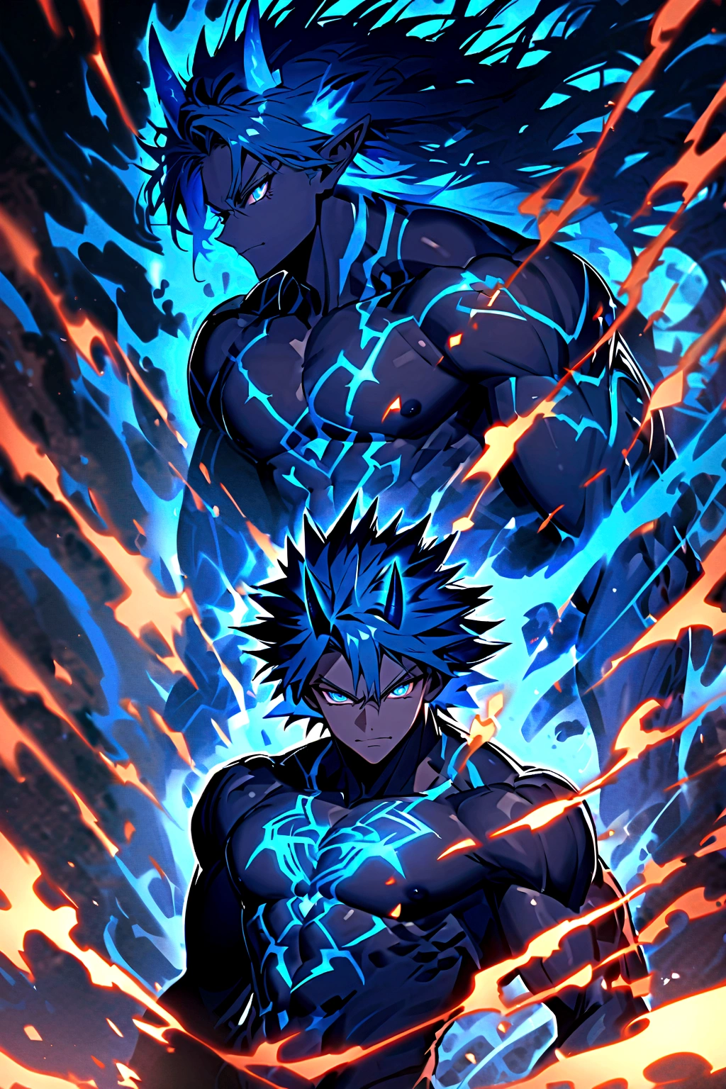 age boy, spiky hair, long hair, bright blue hair, shining blue eyes,serious face, Simple smile, dark blue skin, muscular chest, two pairs of blue horns, tattoos on the body, electric aura