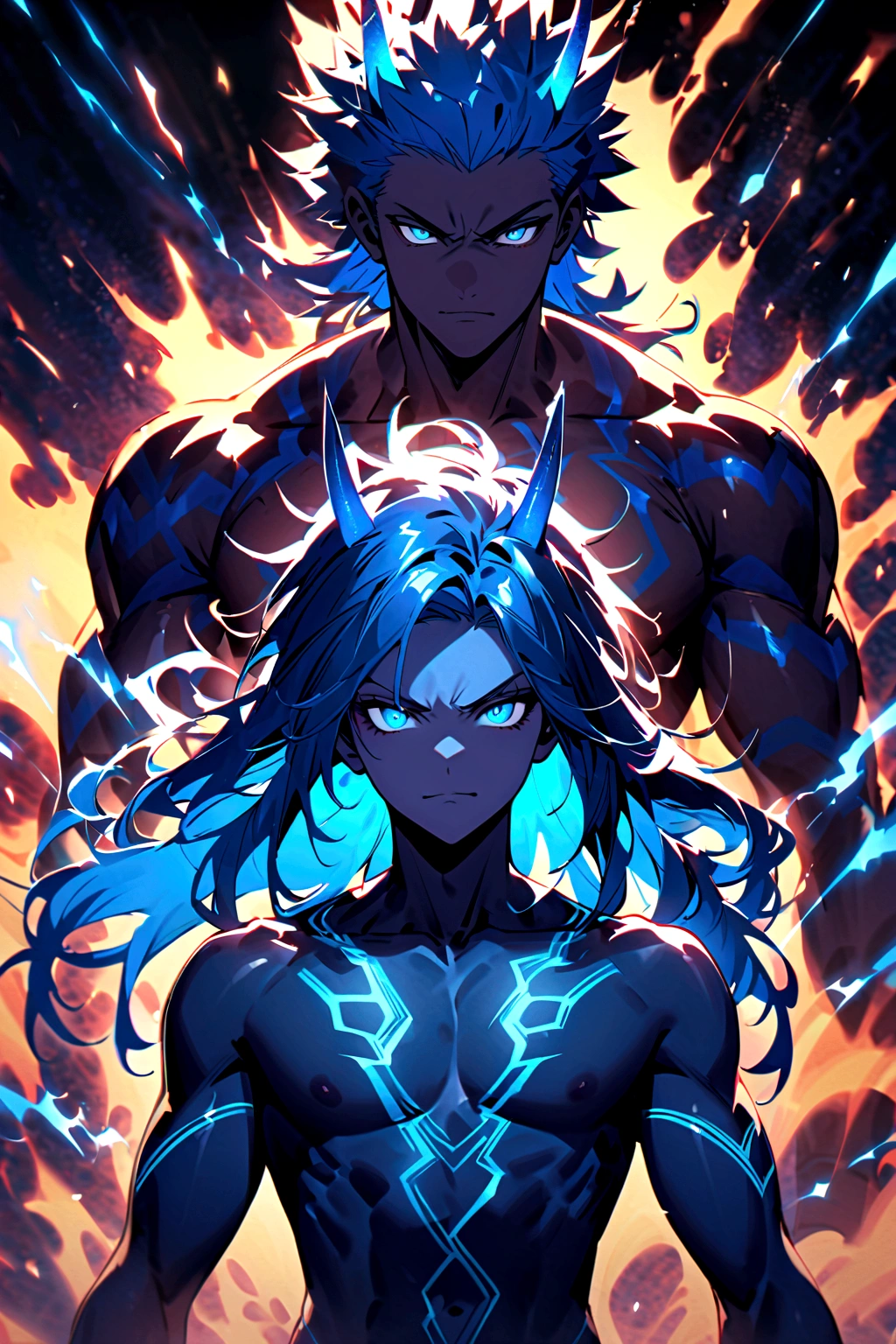 Teenage boy, spiky hair, long hair, bright blue hair, shining blue eyes,serious face, Simple smile, dark blue skin, muscular chest, two pairs of blue horns, tattoos on the body, electric aura