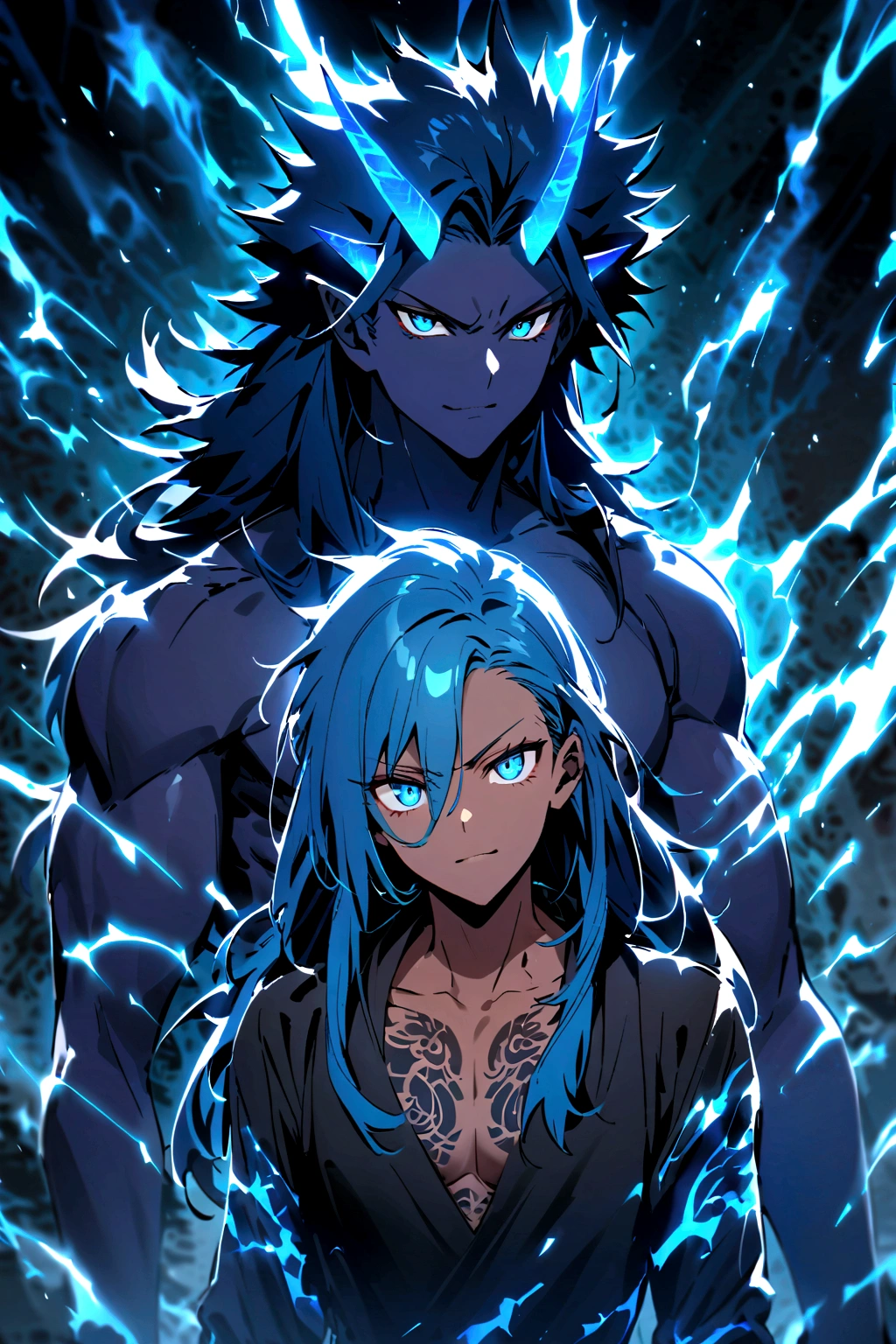 Teenage boy, spiky hair, long hair, bright blue hair, shining blue eyes,serious face, Simple smile, dark blue skin, muscular chest, two pairs of blue horns, tattoos on the body, electric aura