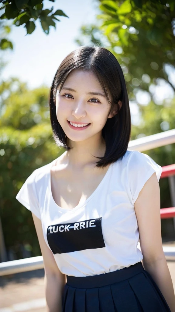 (Highest quality,masterpiece:1.3,Ultra-high resolution),(Very detailed,Caustics,8K),(Realistic:1.4,RAW shooting),1 Girl,18-year-old,cute,Japanese,Black short bob,(Tight T-shirt、Nipple erection、flare skirt、Cleavage),(Look at me with a smile),morning,blue sky,sun,Natural light,School Playground,(Front shot),Face Focus,Face close-up,Bust up shot,Low position,Low Angle,Lens flare、Tuck up your skirt、