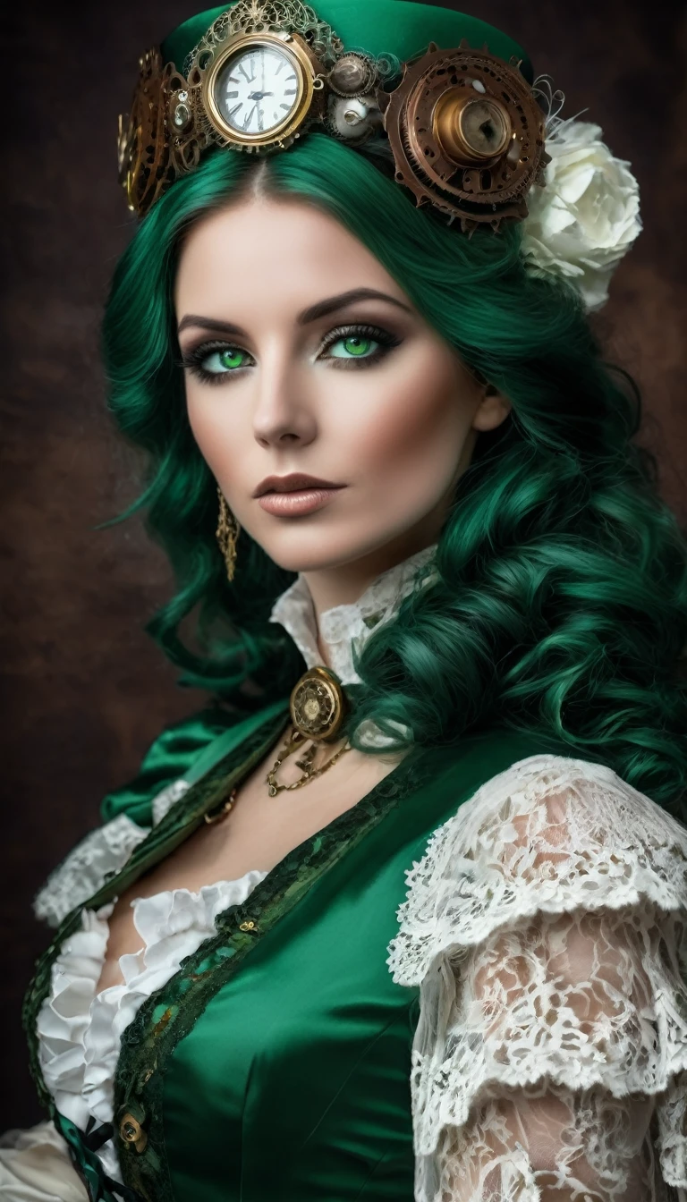 Un portrait hyperréaliste d’une sublime femme royale aux cheveux vert sombre foncé trèslong, portant une robe en dentelle blanche avec des accessoires steampunk, situé dans une pièce de style victorien avec des éléments mécaniques, poitrine serrée effet push-up , regard intense et sensuel 