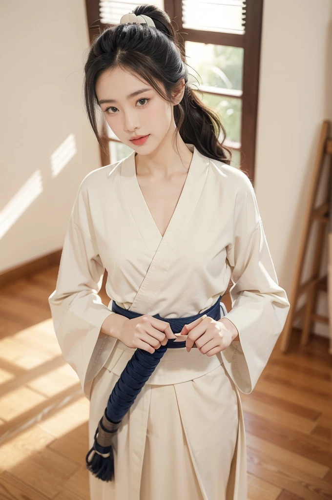(((best quality))),(((ultra detailed))),(((masterpiece))),illustration,1girl,solo,tonogui,short ponytail,slim,thin,small breasts,flat chest,white collar,white kendogi,three-quarter sleeves,maxi navy-blue kendo hakama,slender legs,standing in kendo gym,(holding a bokuto in hand:1.3),arms behind back,focused and determined expression,ready for challenge,slender and elegant face,confident and resilient,fair skin,blush,neat teeth,bright smile,clean and tidy uniform,wooden gym floor,wall,pine scent,standard grip,ready to slice through obstacles,strong belief,determination,spirit of resilience,admiring,from front,full body,bare feet