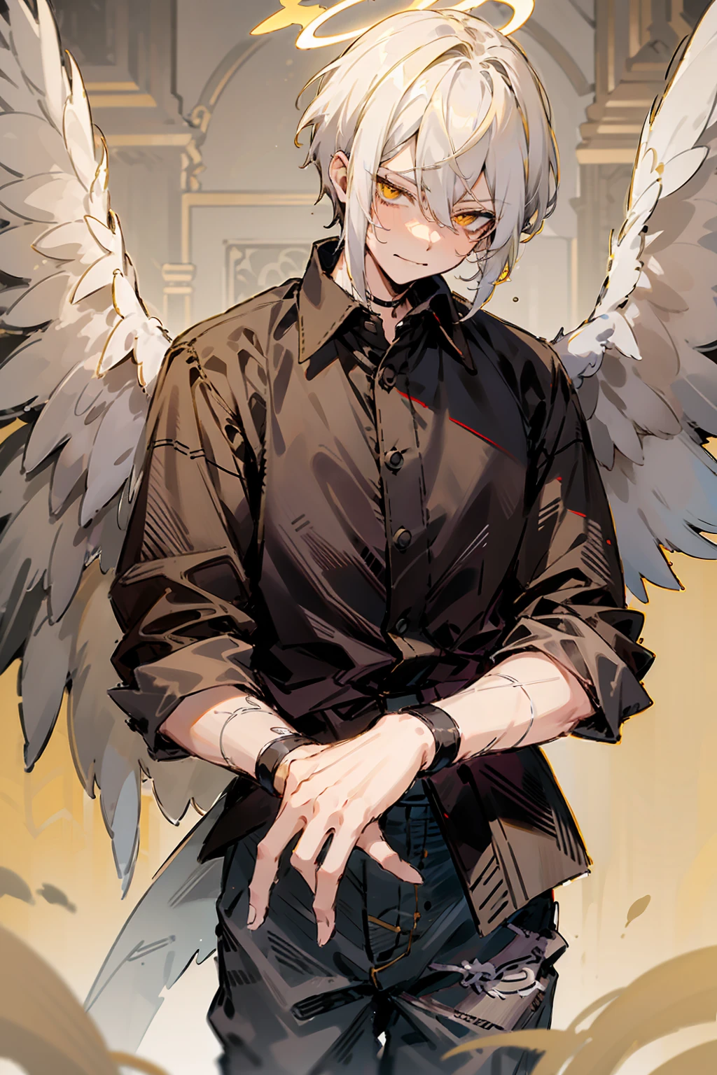 1male, Adult, Two Tone Hair, Yellow and White Hair, Short Hair, Undercut Hair, Black and White Horns, Angel Halo, Black Wings, Golden Eyes, Smirk, Black and White Flannel Shirt, Black Ripped Jeans